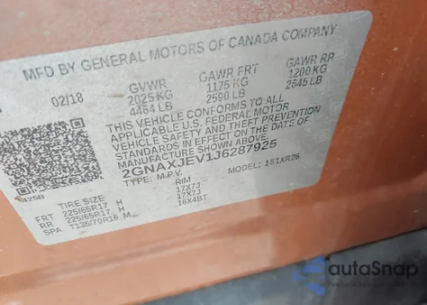 2018 Chevrolet Equinox Lt из США, поврежденный, VIN 2GNAXJEV1J6287925